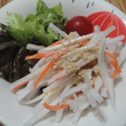 ビクド（関西ではこう呼びます）の大根サラダ大好きです！
ちょっとゆる過ぎちゃったけど、家族にも好評でした♪
ゴマドレはおいしいですね～。ごちそうさまでした！